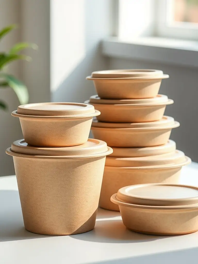 A collection of biodegradable takeaway containers, showcasing the eco-friendly bulk packaging options for restaurants.
